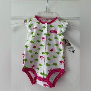 Carter's White and Pink Bodysuit with Green Whale Print, ruffle sleeves. NWT
